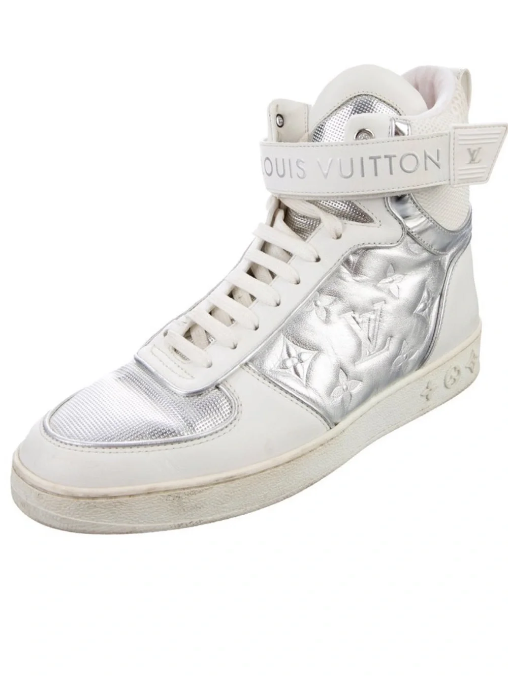 Louis Vuitton White & Silver Monogram High-Top Trainer